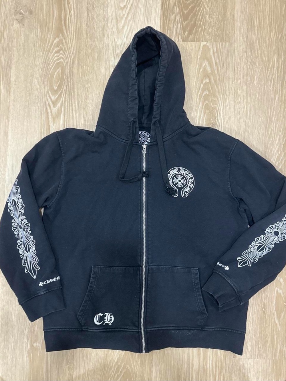 Chrome Hearts Black Hoodie with White Back Logo and Sleeve
Graphics Size L